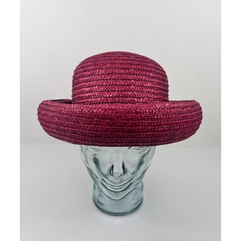VTG Laura Ashley Italy Pink Red Raffia Straw Hat Rolled Brim Coche Style Cottage